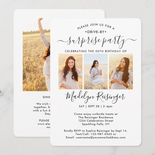Invitation 4 Photo Drive-By Surprise Anniversaire Parade (Devant / Derrière)
