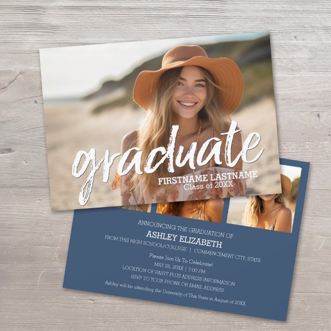 Invitation 4 Photo Fête de Graduation Script tendance (Graduation Announcement with Party Invite and 3 Photos)