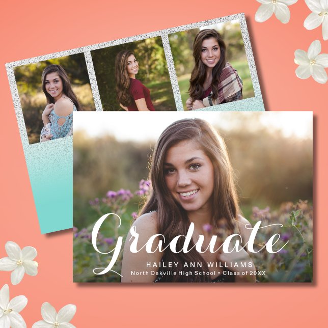 Invitation 4 Photo Fête de graduation Turquoise Blue Chic (Teal Blue Graduation Invitation)