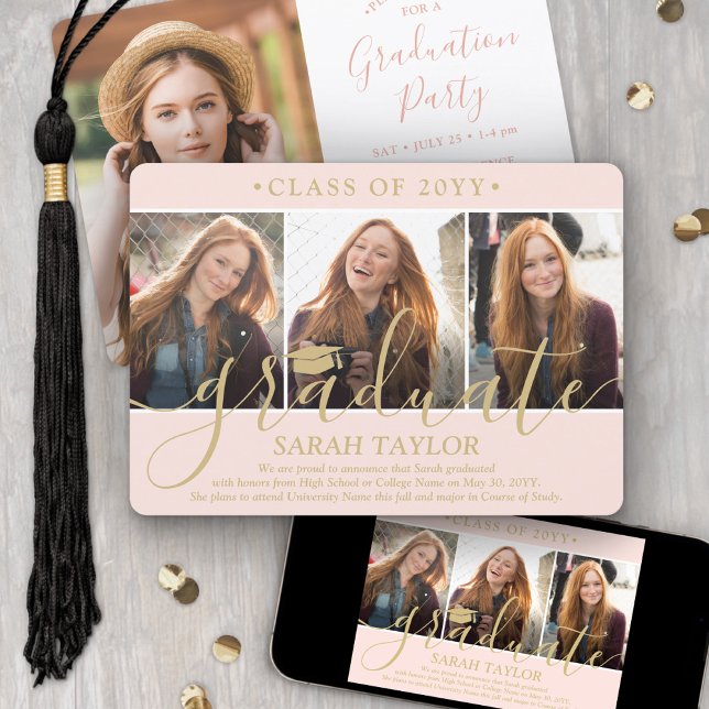 Invitation 4 Photo Graduation Party Blush Pink & Gold Script (Créateur téléchargé)