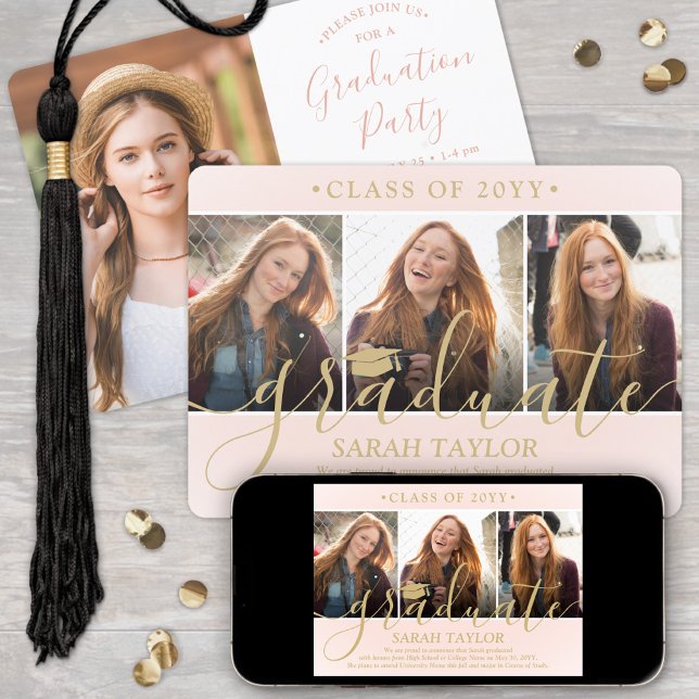 Invitation 4 Photo Graduation Party Blush Pink & Gold Script (Créateur téléchargé)