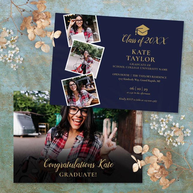 Invitation 4 Photo Marine Bleue Et Gold Graduation Party (4 Photo Navy Blue And Gold Graduation Party Invitation)