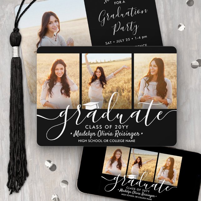 Invitation 4 photos en collage Fête de fin d'études en noir e (Créateur téléchargé)