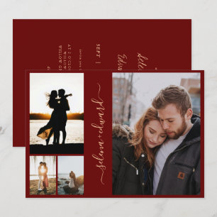 Invitation 4 Photos Grille Bourgogne et Mariage de script or