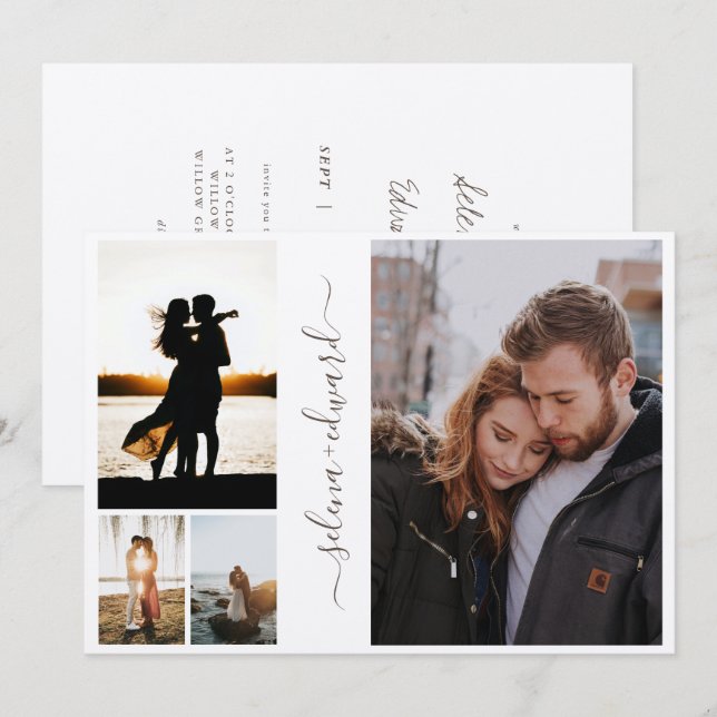 Invitation 4 Photos Grille Métallic Mariage Script Argent (Devant / Derrière)