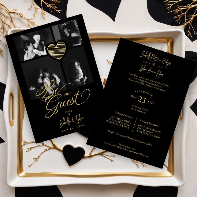 Invitation 4 Photos Heart Fake Golden Black Trendy  (Exquisite Collage 4 Photos Golden Stylish Heart Black Wedding Invitations Card with Elegant Script.)