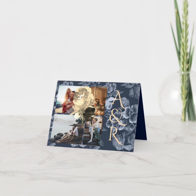 Invitation 4 Photos Mariage bleu marine et or floral (Devant)