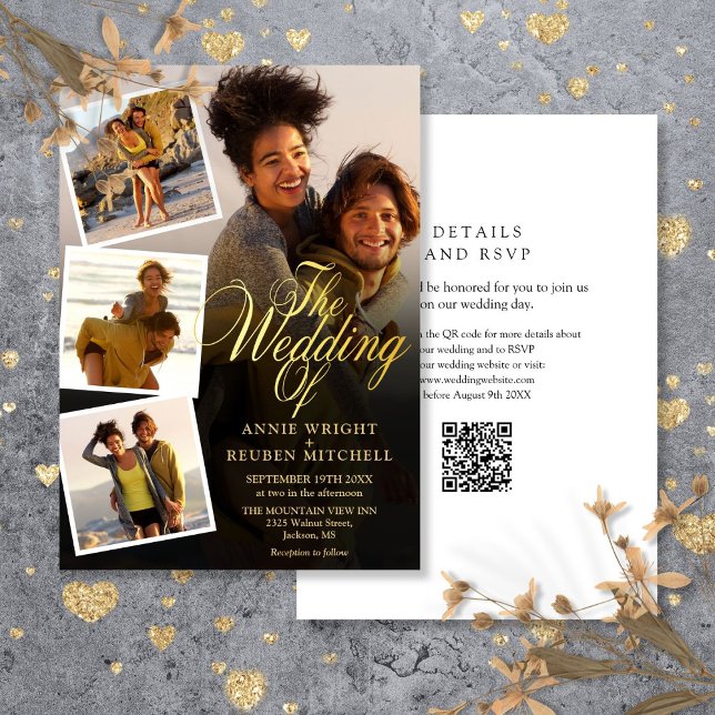 Invitation 4 photos montage écriture dorée code QR mariage (4 Photo Collage Gold Script QR Code Wedding Invitation)