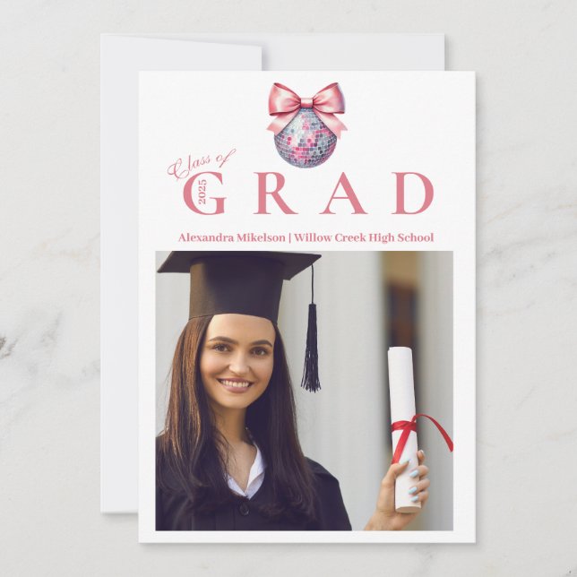 Invitation 4 Photos Pink Bow Disco Ball Graduation Party (Devant)