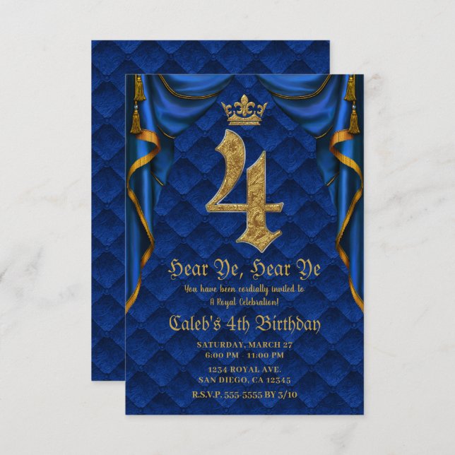 Invitation 4E 4 QUATRE Fête d'anniversaire Royal Blue Gold Cr (Devant / Derrière)