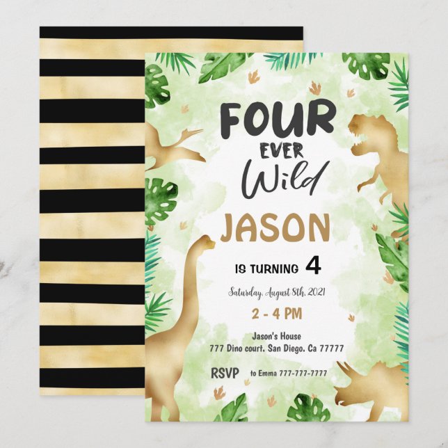 Invitation 4e anniversaire, anniversaire de Dinosaur (Devant / Derrière)