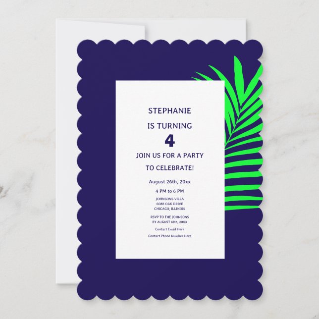 Invitation 4e anniversaire Blue Green Palm Leaf Tropical Four (Devant)