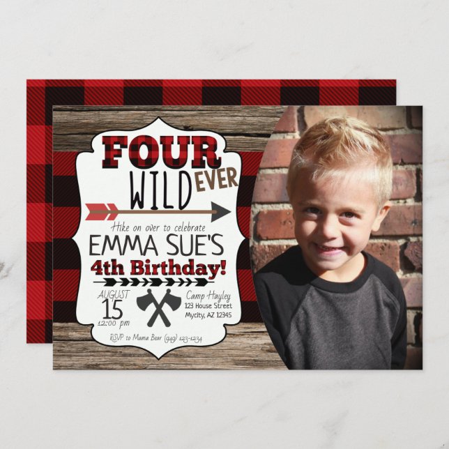 Invitation 4e anniversaire Boys Forever Wild Lumberjack Photo (Devant / Derrière)