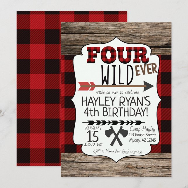 Invitation 4e anniversaire Boys Forever Wild Lumberjack Thème (Devant / Derrière)