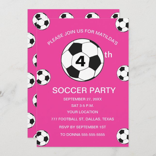 Invitation 4e anniversaire de la fête Football Filles roses S (Devant / Derrière)