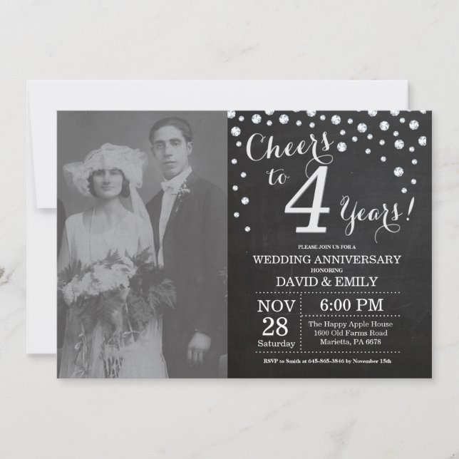 Invitation 4e Anniversaire de Mariage Tableau Noir Argent (Devant)