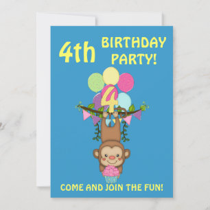 Invitation 4e anniversaire fête-singe mignon + ballons coloré
