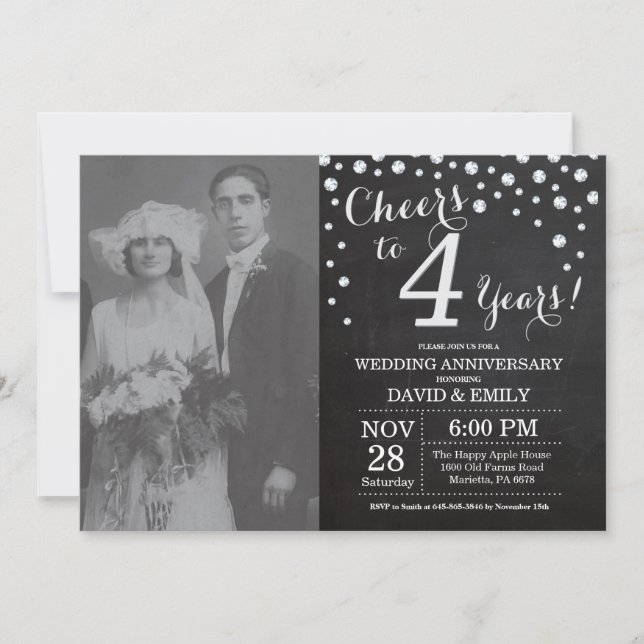 Invitation 4e anniversaire Mariage Chalkboard Black Silver (Devant)