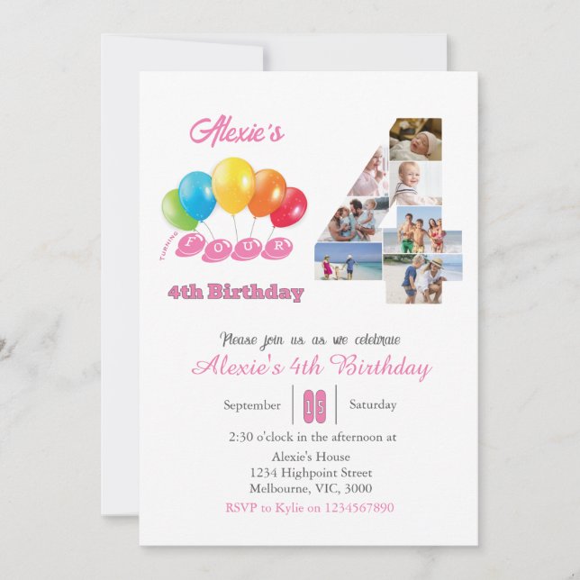 Invitation 4e anniversaire photo collage numéro 4 Fille (Devant)