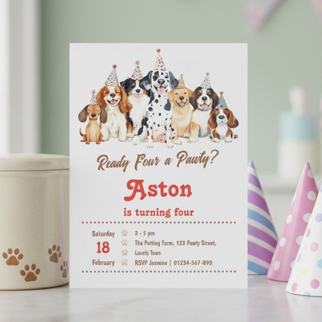 Invitation 4e Anniversaire Prêt pour une Fête Thème Chien Tou (4th Birthday Pawty invitation for kids or dogs! Perfect for pawty in the park or dog lovers party.)