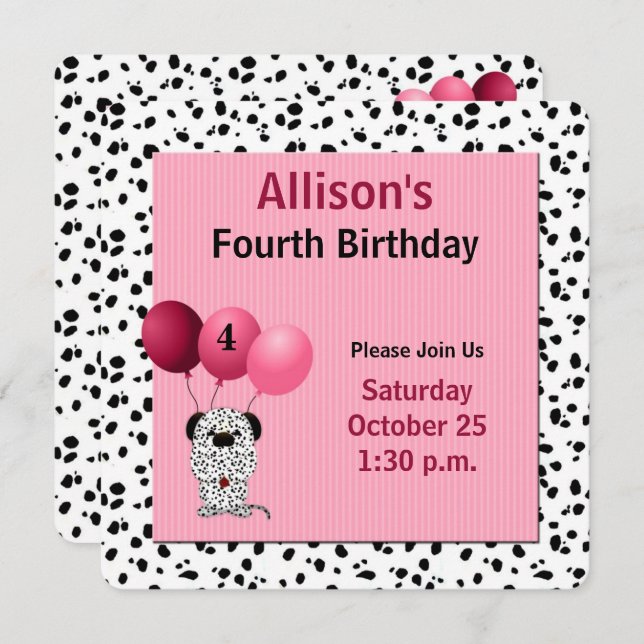Invitation 4e anniversaire rose fête Dalmatie Thème (Devant / Derrière)