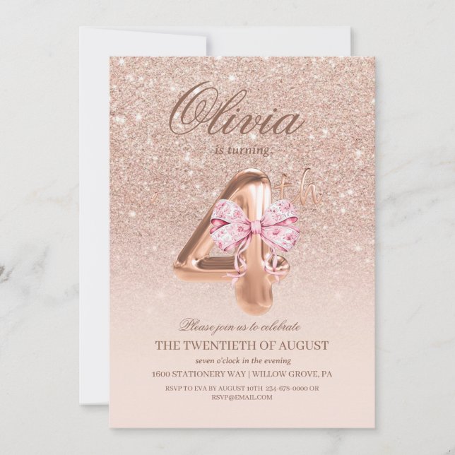 Invitation 4e anniversaire Rose rose or bow fête d'anniversai (Devant)