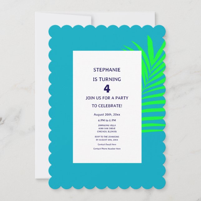 Invitation 4e anniversaire Turquoise bleu vert feuille de pal (Devant)
