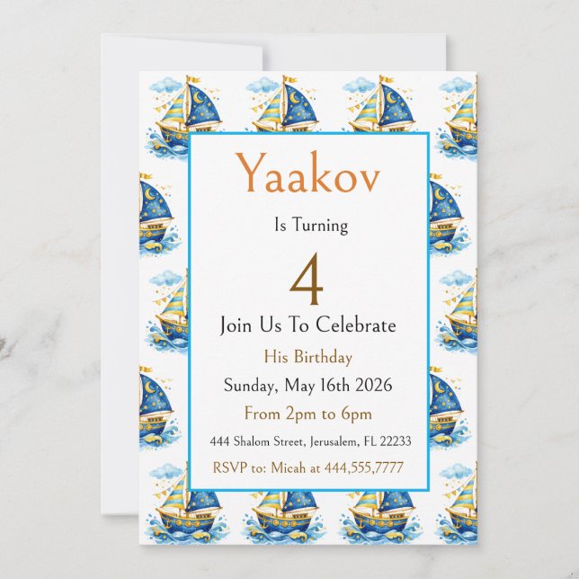 Invitation 4e Anniversaire Voilier Bleu Or Luxe Côté Océan (Devant)