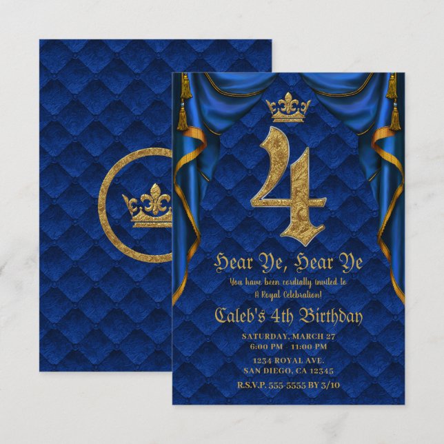 Invitation 4ème 4 QUATRE Fête d'anniversaire Couronne Royale  (Devant / Derrière)
