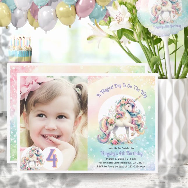 Invitation 4ème Unicorne fête d'anniversaire Pastel Rainbow (4th Fourth Unicorn Birthday Party Pastel Rainbow Invitation)