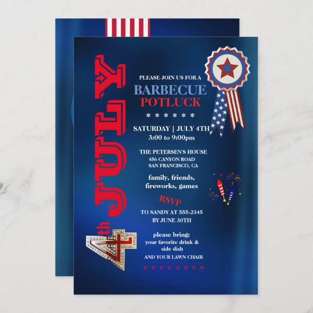 Invitation 4th of July Barbecue Potluck Party  (Devant / Derrière)