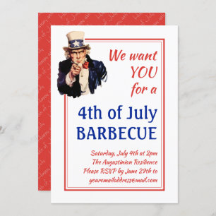 Invitation 4TH OF JULY BBQ BARBECUE UNCLE Sam Customized RED