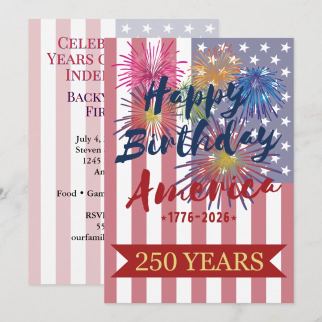Invitation 4th of July Happy Birthday America USA 250th (Devant / Derrière)