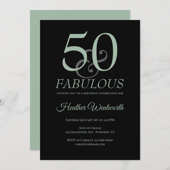 Invitation 50 and Fabulous 50th Birthday Sage Black (Devant / Derrière)
