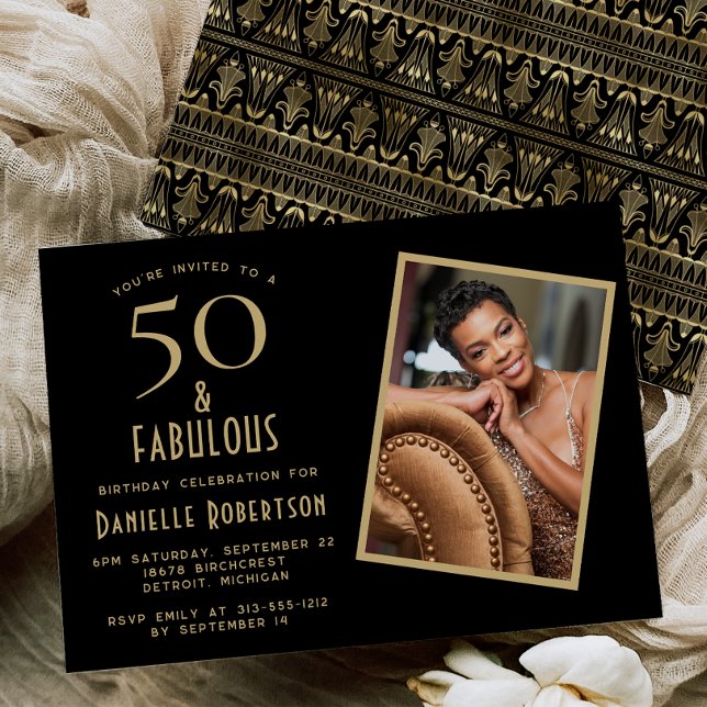 Invitation 50 and Fabulous Black Gold 50th Birthday Party (Créateur téléchargé)