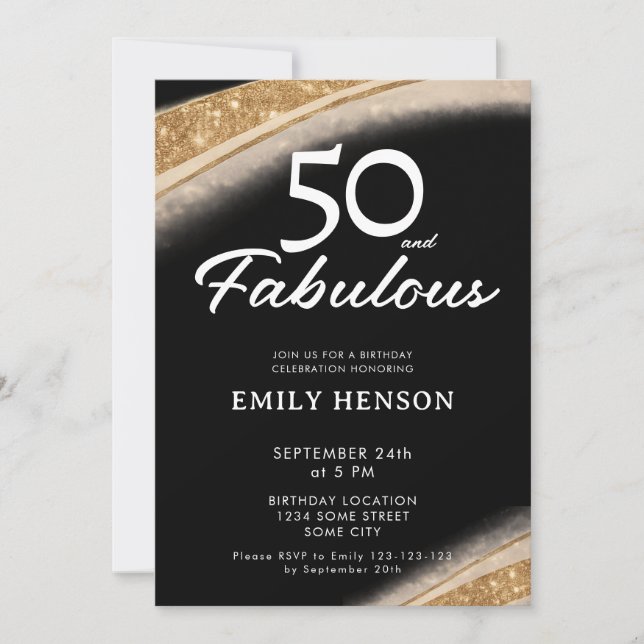 Invitation 50 and Fabulous Bold Black Gold Birthday (Devant)
