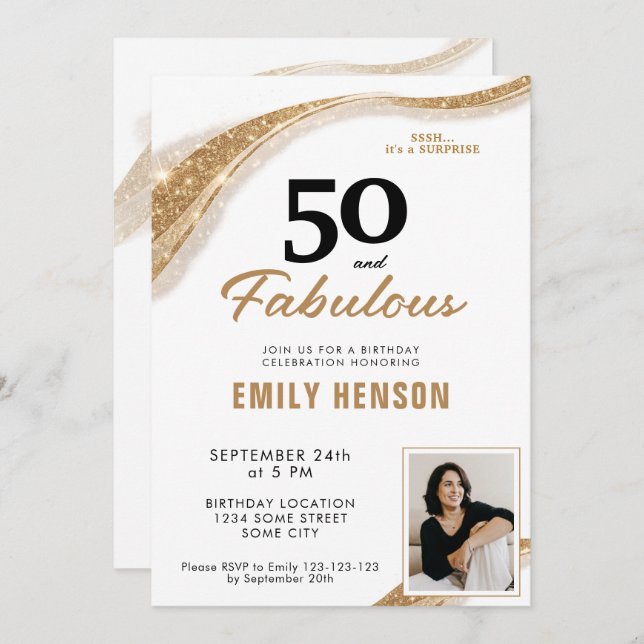 Invitation 50 and Fabulous Gold 50th Birthday (Devant / Derrière)
