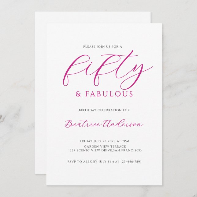 Invitation 50 and Fabulous Pink White Birthday Party (Devant / Derrière)