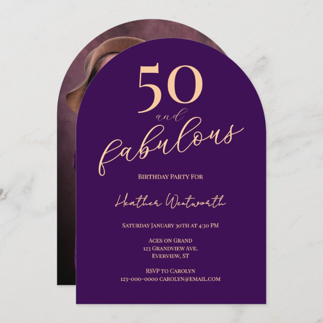 Invitation 50 and Fabulous Purple Fiftieth Birthday Photo (Devant / Derrière)