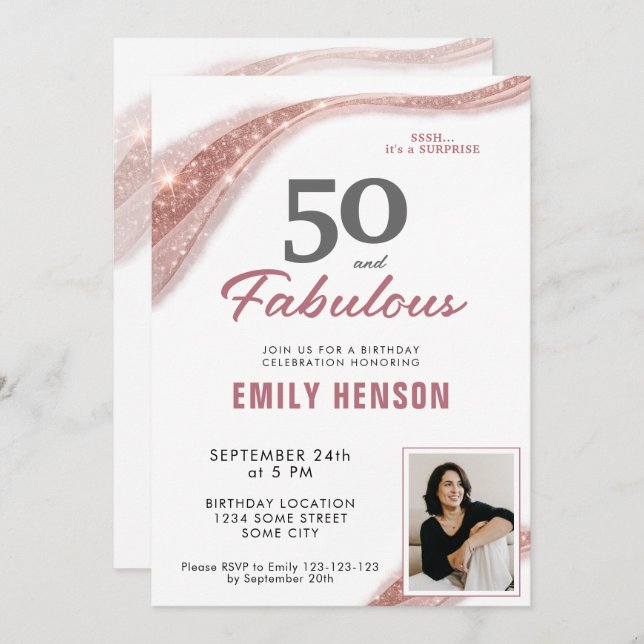 Invitation 50 and Fabulous Rose Gold 50th Birthday (Devant / Derrière)