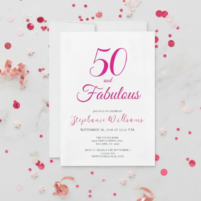 Invitation 50 and Fabulous Script Pink 50th Birthday Party (Créateur téléchargé)