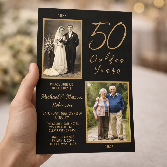 Invitation 50 Années Dorées 50e Anniversaire de Mariage Or (Hand-held 5 × 7 invitation to show real print size and scale)