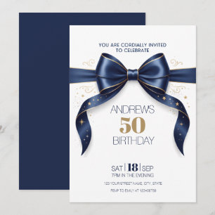 Invitation 50 Anniversaire Bleu Or Ruban Élégant Classe