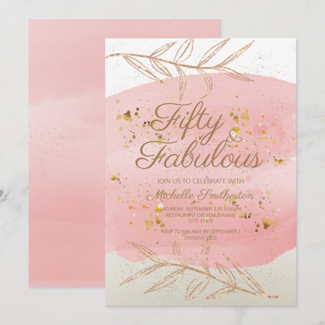 Invitation 50 ans Anniversaire aquarelle rose et p (Devant / Derrière)