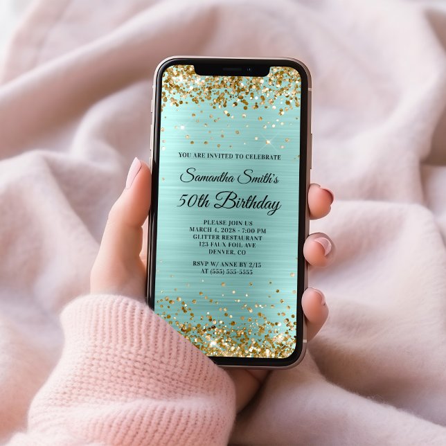 Invitation 50 ans Anniversaire Paillettes Or Turqu (Gold Glitter Pale Turquoise Foil 50th Birthday Invitation)
