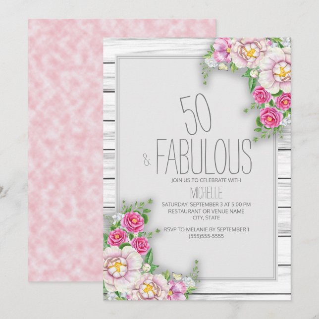 Invitation 50 ans Bois Rustique Fleurs Roses (Devant / Derrière)
