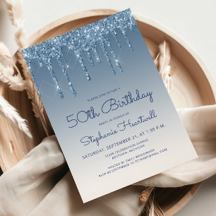 Invitation 50 ans Chic Glitter Drip Bleu