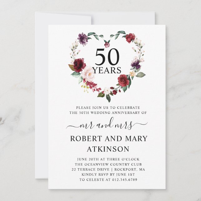 Invitation 50 ans de mariage Fleurs roses de Bourg (Devant)