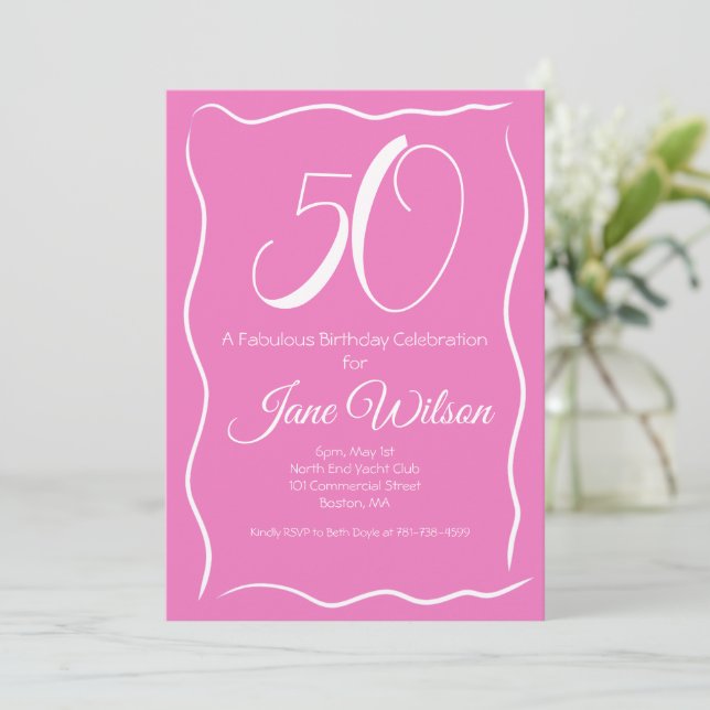 Invitation 50 ans écriture moderne rose blanc (Debout devant)