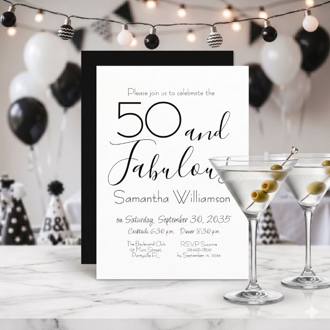 Invitation 50 ans et Fabuleux 50e Anniversaire Élégant Noir (Créateur téléchargé)